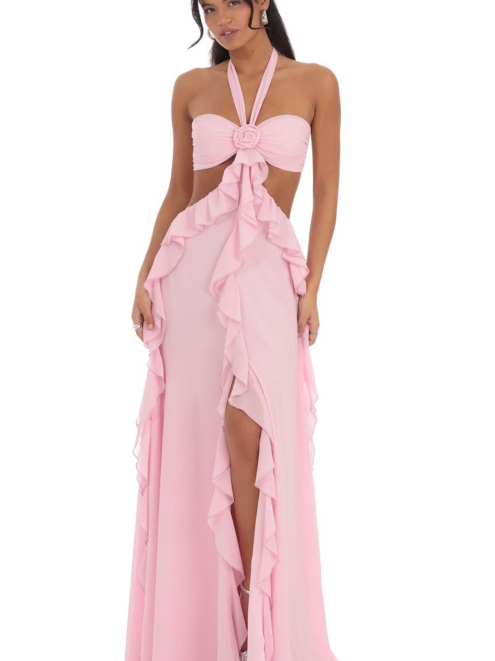 Pink Ruffled Halter Maxi Dress with Floral Bodice